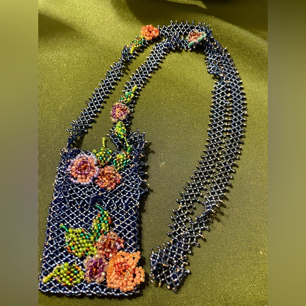 Vintage Blue Beaded Floral Amulet Medicine Totem Pouch Necklace. 38 inches - Picture 7 of 9